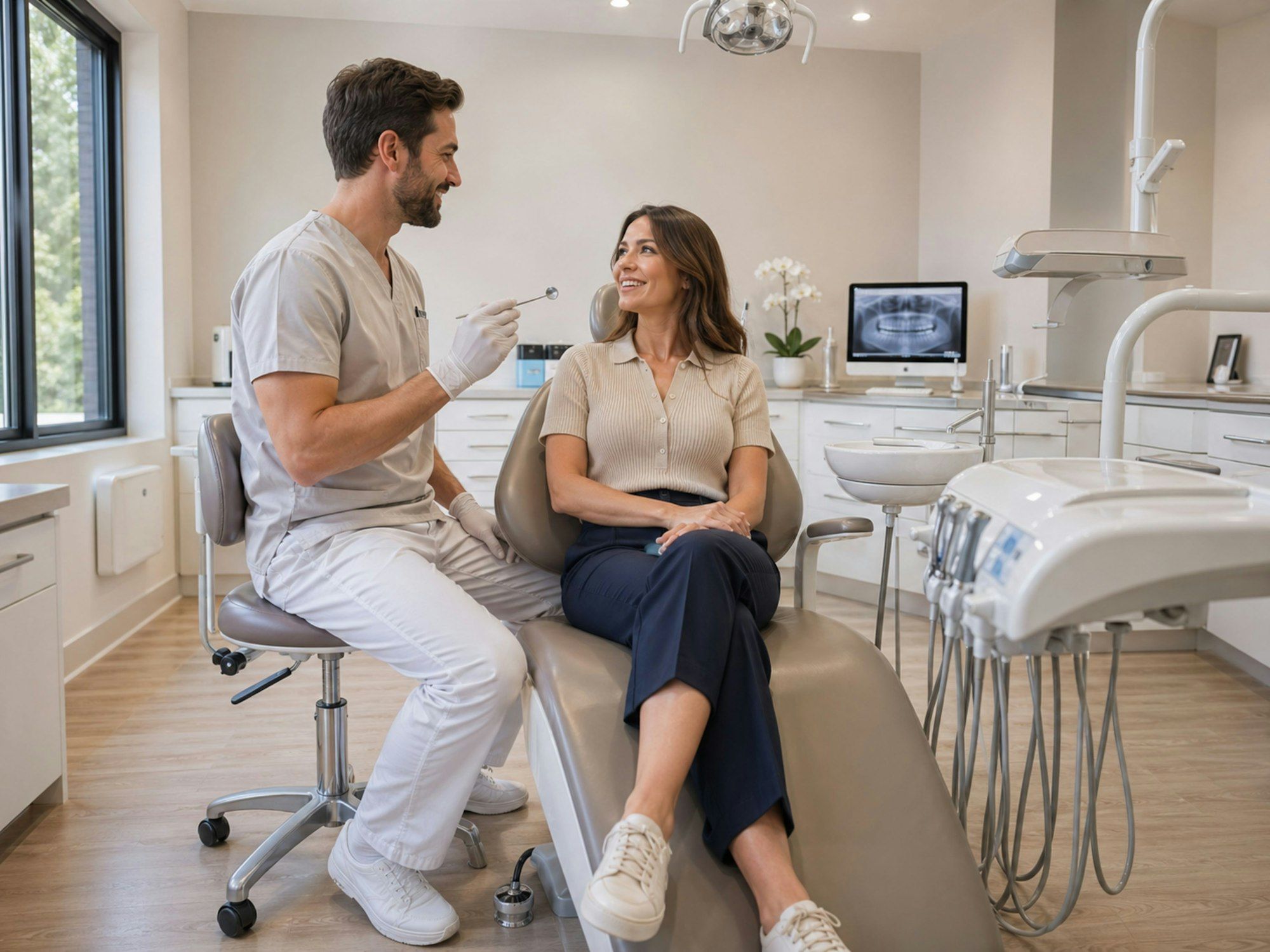 A dentist greeting a patient at the front desk